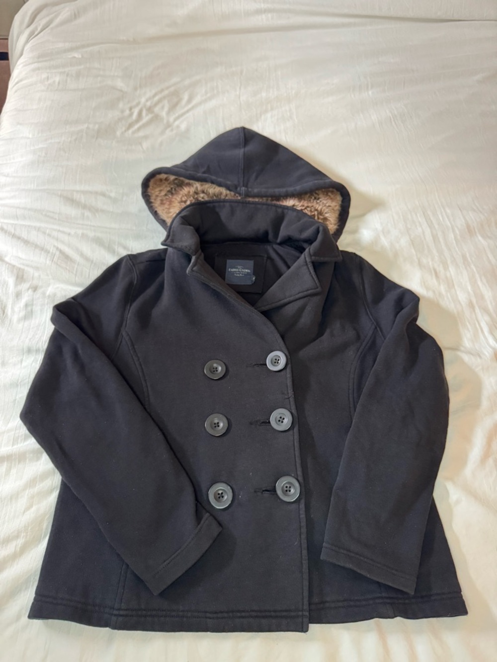 Faded Glory Black Double-Breasted Hooded Coat with Faux Fur Trim